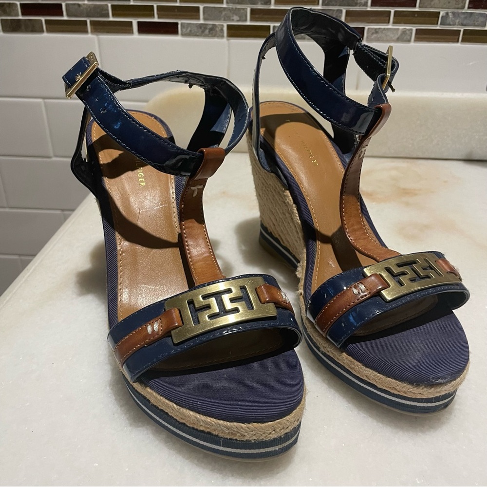 Tommy Hilfiger Navy and Brown Gold Metallic Raffia Wedge Sandals